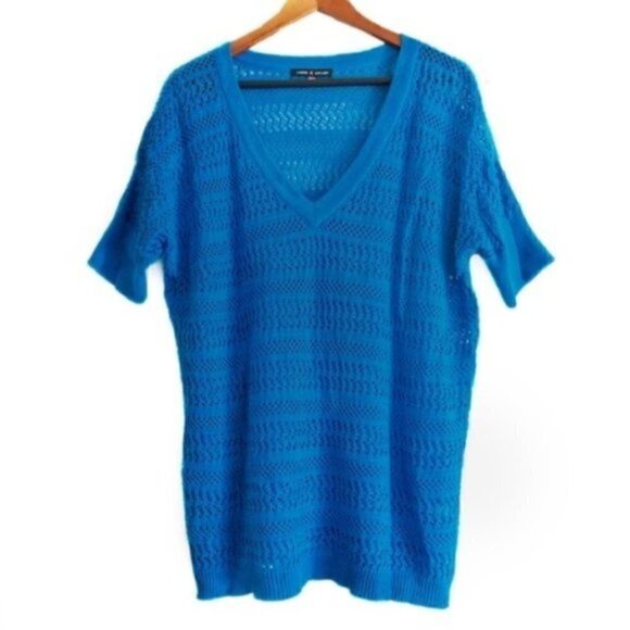 Nordstrom Cable & Gauge Sweater M Slouchy Open Weave Short Sleeve Blue - Picture 1 of 8